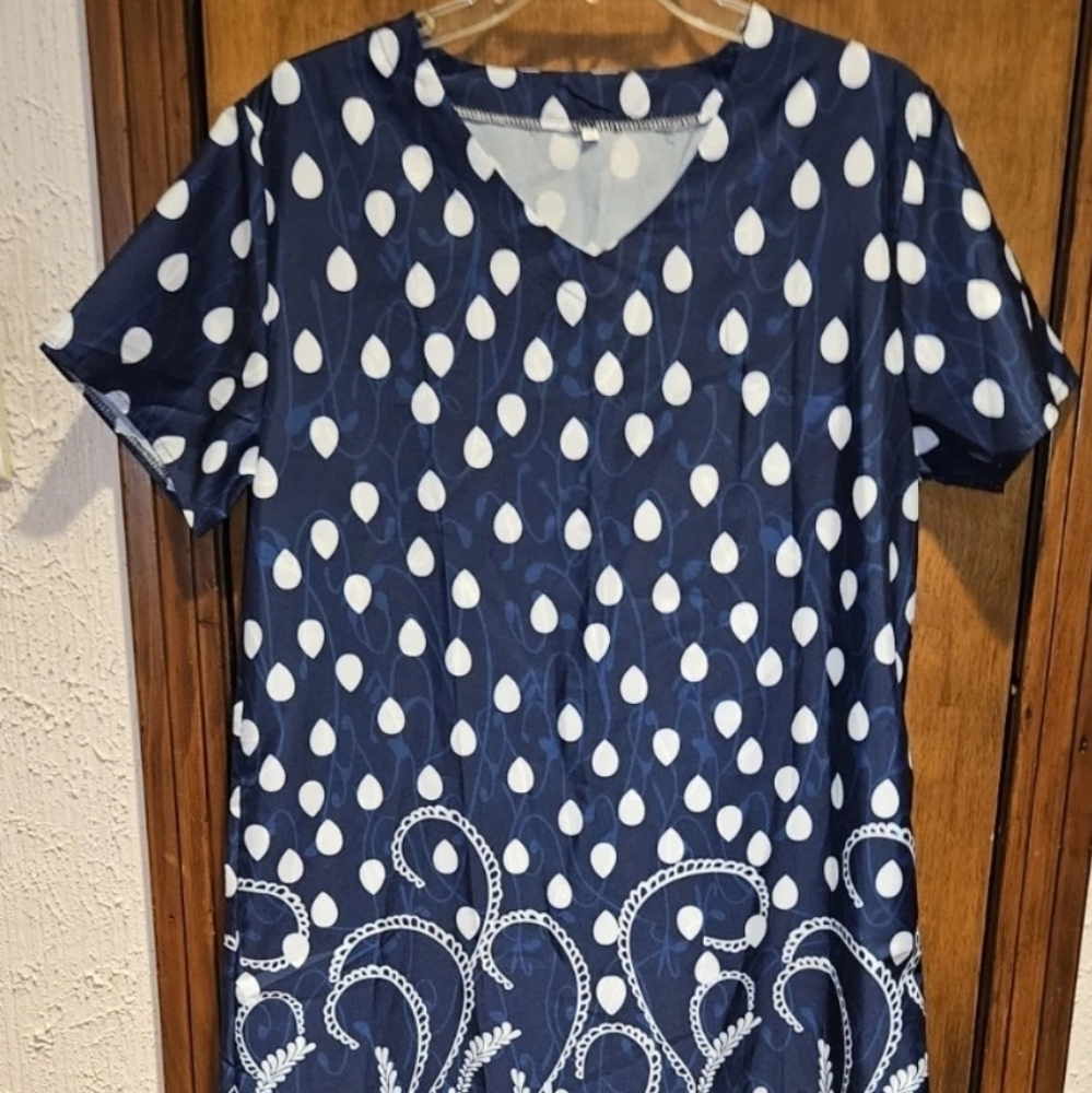 Maxi Short Sleeve Dress Dark Blue With With White Tear Drops Floral Pattern Plus